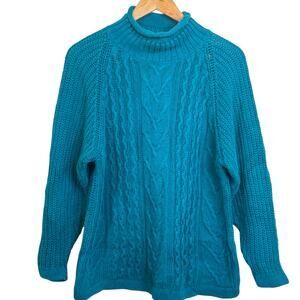 VTG 1980's Forenza Size Small Teal Cable Knit Roll Neck Pullover Shaker Sweater